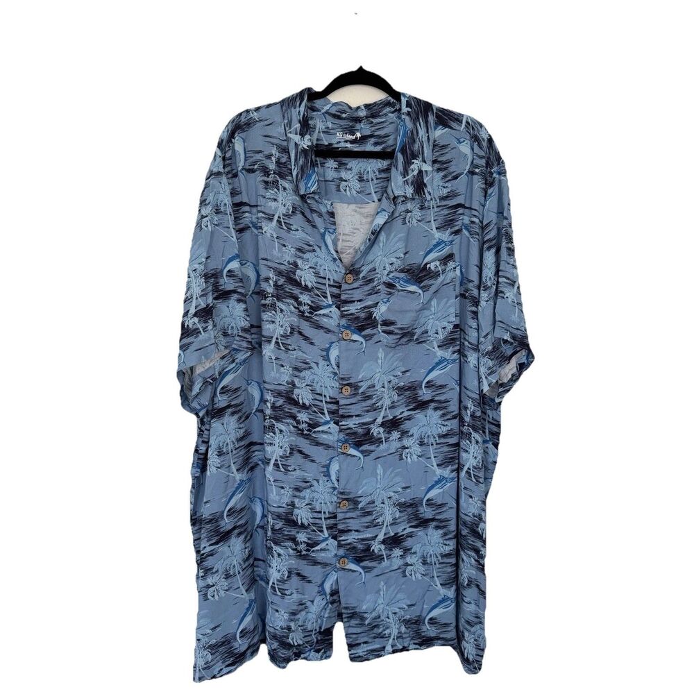 KS Island Shirt Mens 1X Big Blue Fish Palm Tree Rayon Button Up Tropical Beach